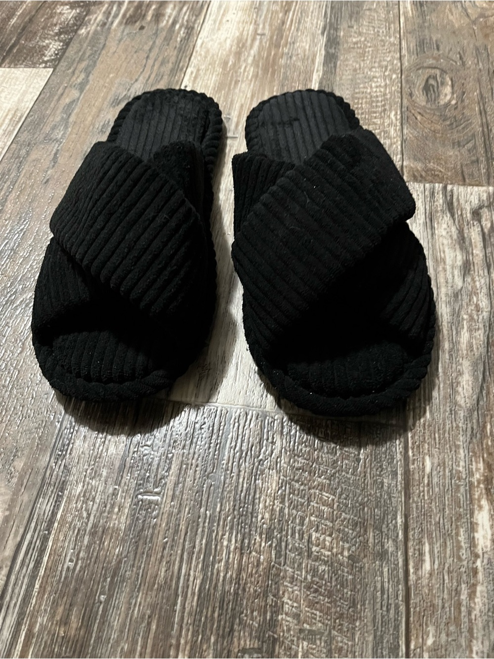Women's Black Cross-Band Corduroy Slide Slippers Sz 9-10